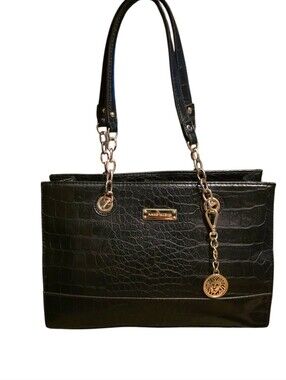 Anne Klein Black Faux Croc-Embossed Tote with Gold Hardware Charm